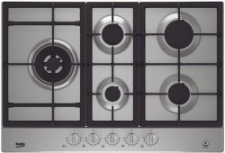 BEKO Taque Gaz inox 75 cm, 4 brûleurs + 1 Wok, boutons, Inox Beko